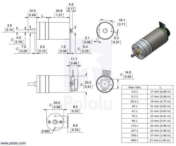 Oem Variklis Pololu 25Dx58L Su Pavara 499:1 6V 12RPM