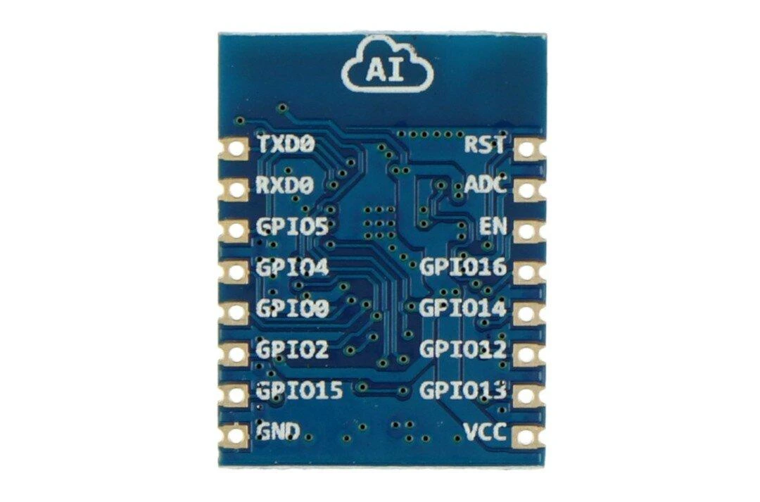 ESP-07 WiFi modulis su kontaktų išdėstymo žymėjimu
