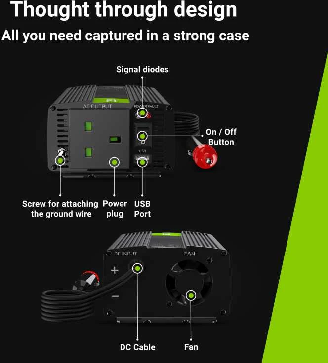 Oem Žalias Cell® automobilio keitiklio keitiklis nuo 24V iki 230V grynas sinusinis 150W/300W su USB