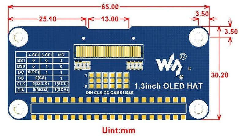 OLED 1.3" 128x64px modulis, skirtas Raspberry Pi 4/3+/3/2/Zero, Waveshare 13890