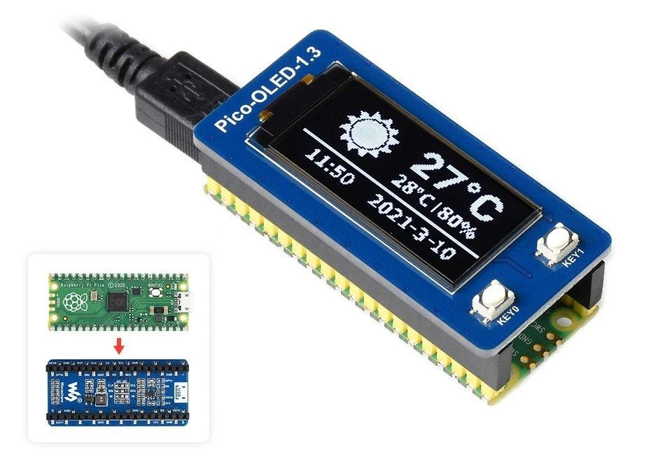 OLED ekranas 1.3" 64x128px, SPI/I2C, juodas/baltas, skirtas Raspberry Pi Pico, Waveshare 19376