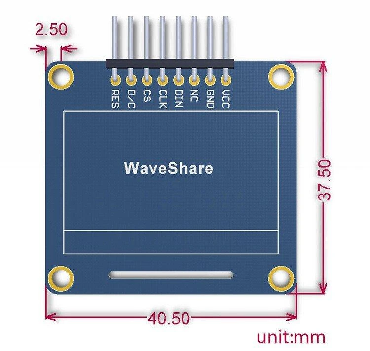 OLED ekranas mėlynas, 1.3” (A), 128x64px SPI/I2C, kampinės jungtys, Waveshare 10444