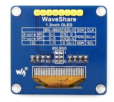 Waveshare OLED ekranas, galinė pusė su jungčių schema