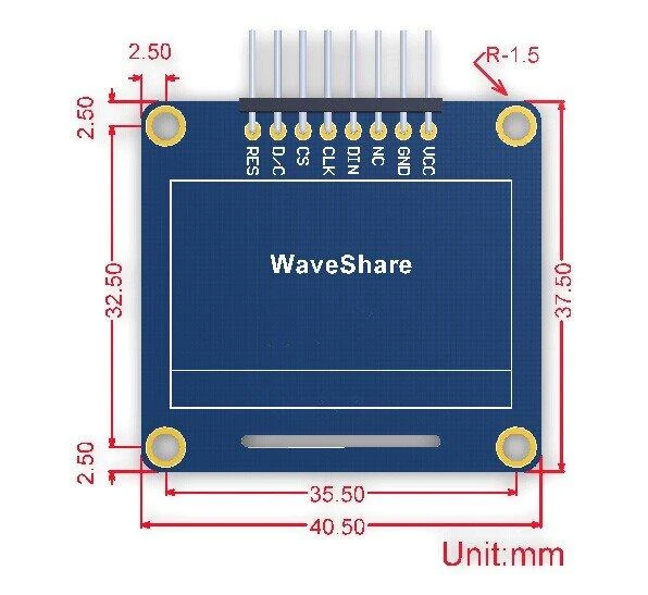 OLED ekranas mėlynas, 1.3” (B), 128x64px SPI/I2C, tiesios jungtys, Waveshare 10451