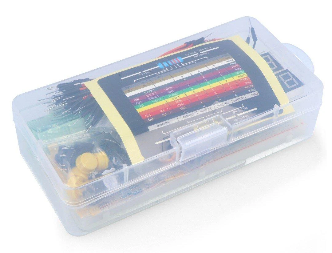 Arduino elektronikos komponentų rinkinys permatomoje dėžutėje
