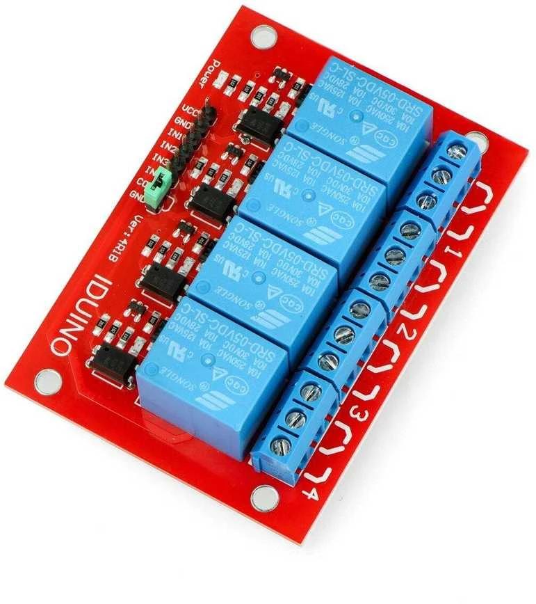Iduino 4 kanalų relės modulis su mėlynais kontaktais