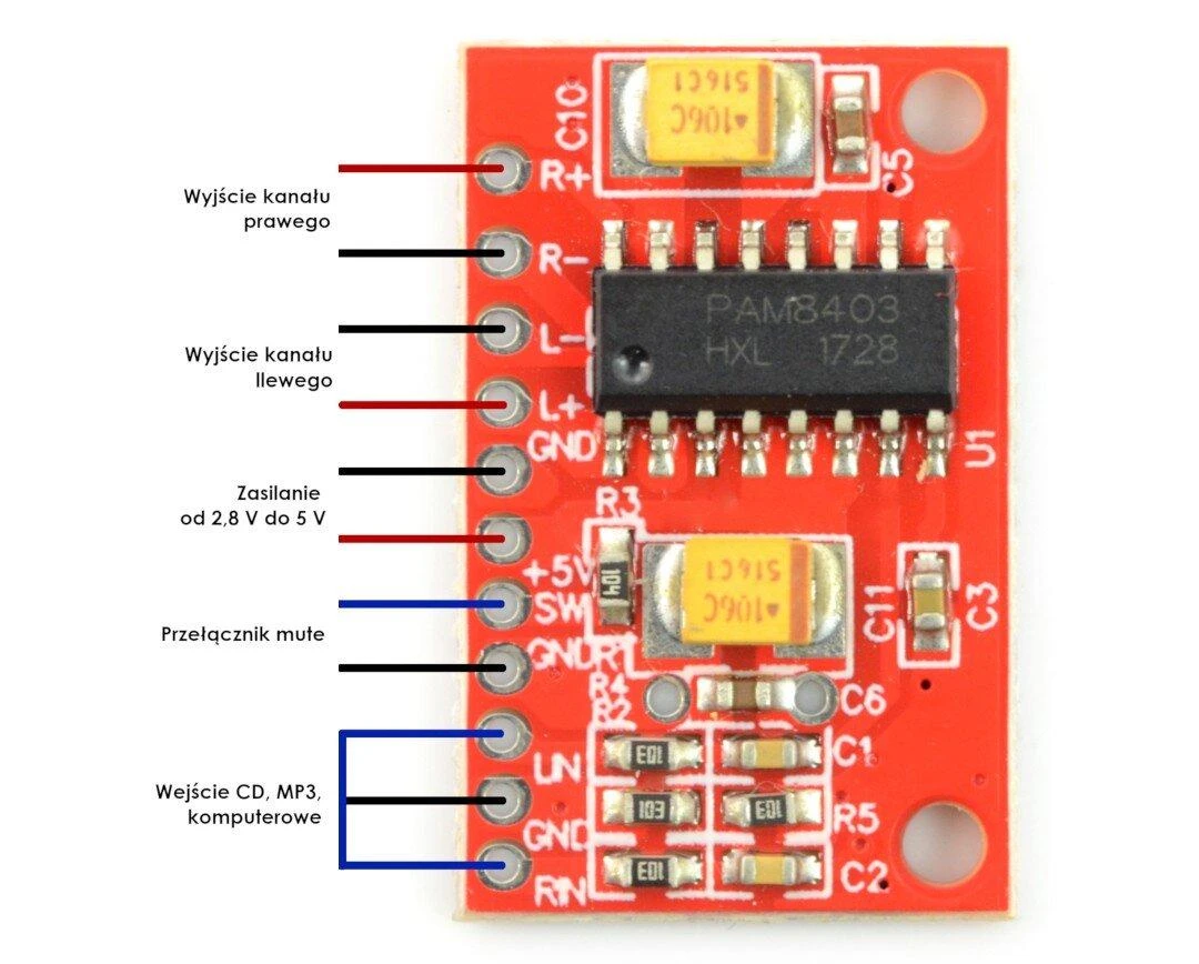 Openplatform PAM8403 5V 3W stereo garso stiprintuvas - dviejų kanalų - raudonas