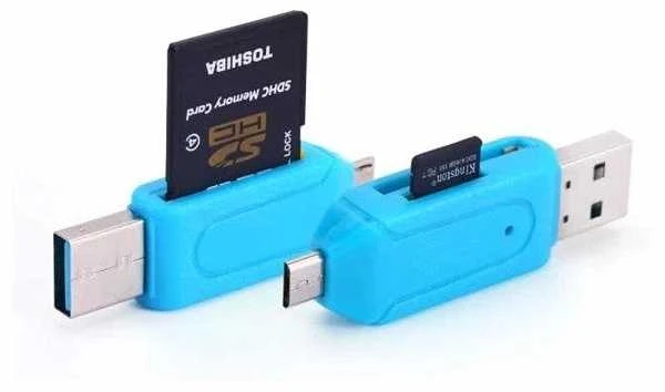 Mėlyni OTG kortelių skaitytuvai su SD ir microSD kortelėmis