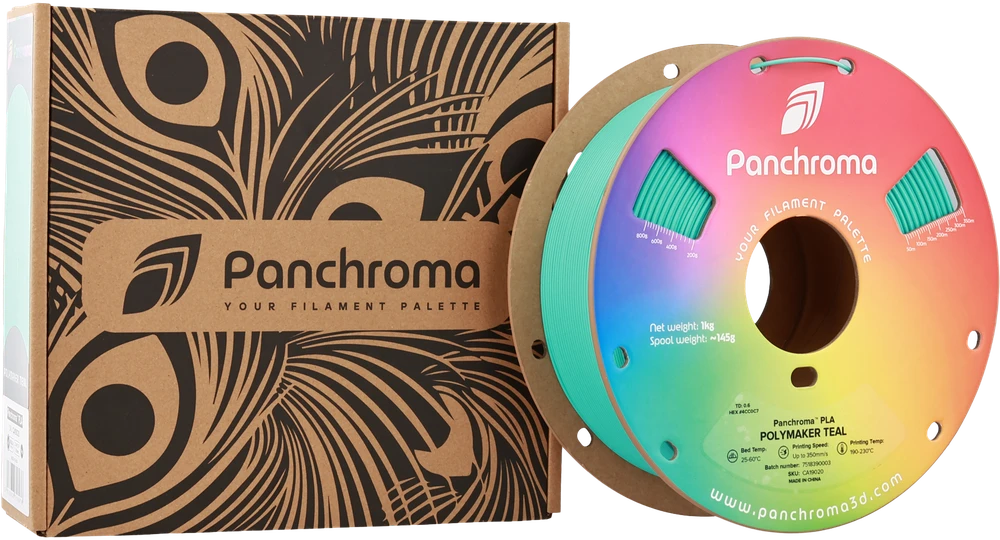 Panchroma PLA teal spalvos gijos pakuotė ir ritė