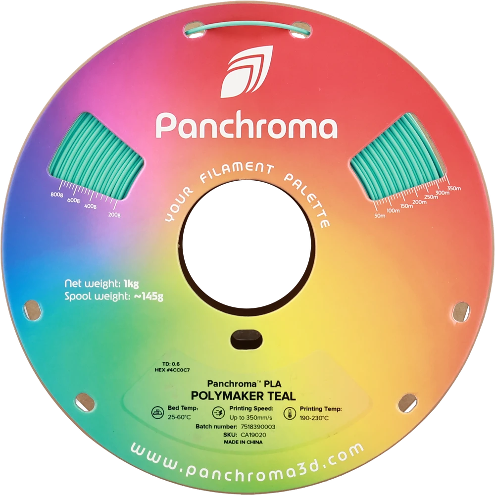 Panchroma PLA Polymaker Teal ritė su technine informacija