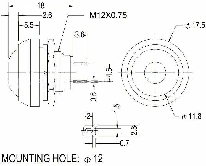 Oem PBS-33B momentinis mygtukas - raudonas - 250V-1A - 12mm - monostabilus - apvalus
