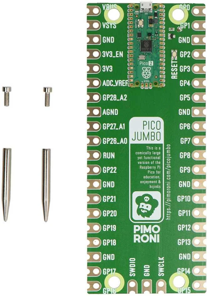 Pico Jumbo modulis su Raspberry Pi Pico 2 ir tvirtinimo detalėmis