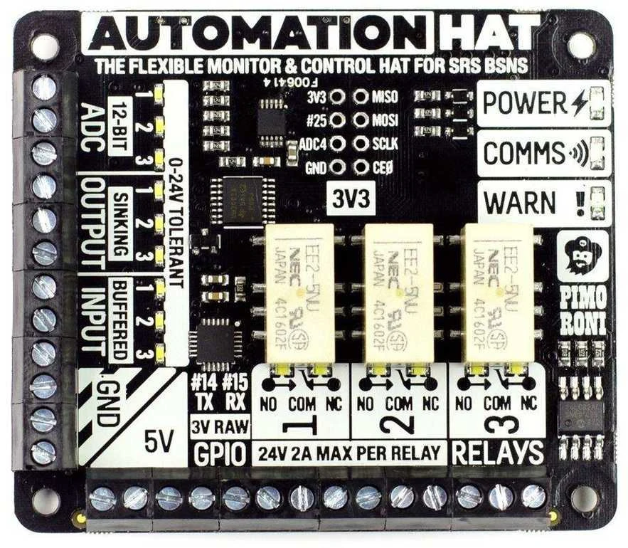 Pimoroni Automation HAT relės ir gnybtų išdėstymas