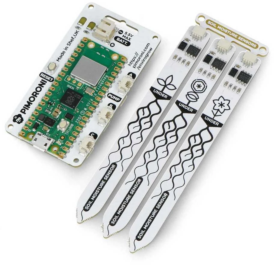 Pimoroni Enviro Grow valdiklis su trimis dirvos jutikliais