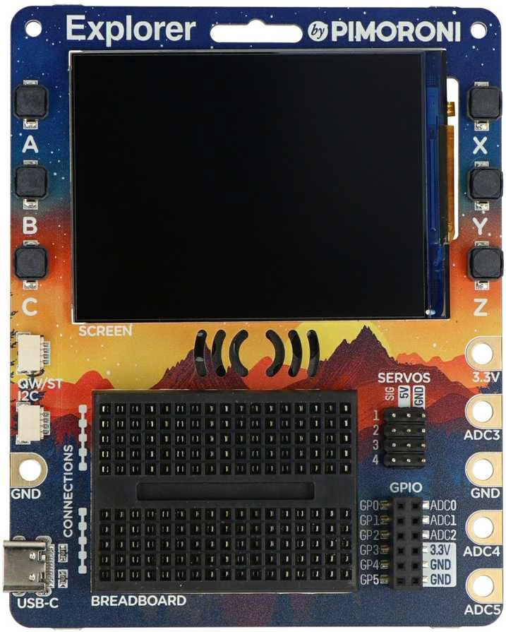 PiMoroni Explorer su LCD ekranu ir bandomąja plokštele