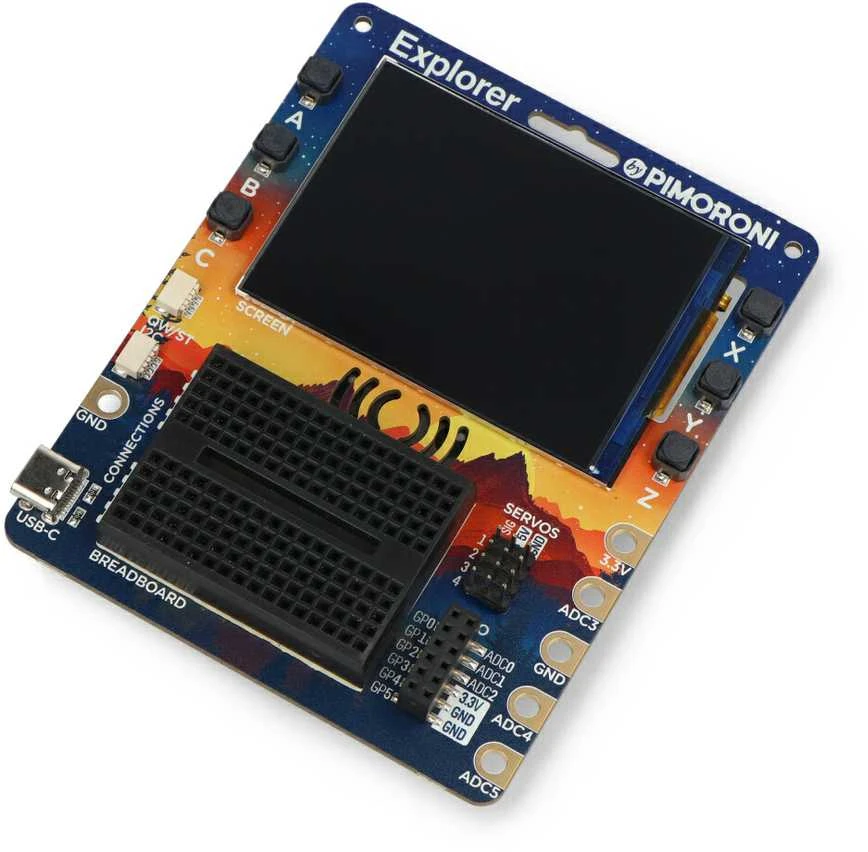 PiMoroni Explorer plokštė su ekranu ir breadboard