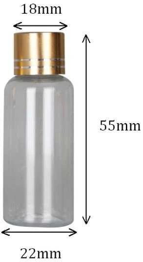 Plastikinis 10ml buteliukas su auksinės spalvos kamšteliu
