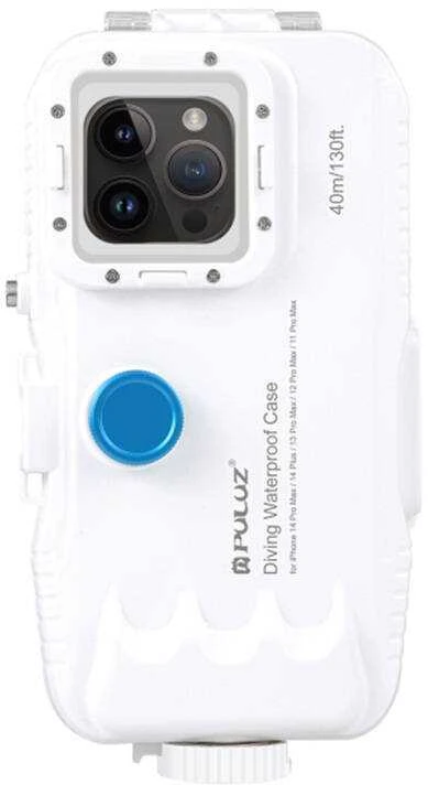 Plastikinis vandeniui atsparus telefono dėklas Puluz skirtas iPhone 14 Plus/Pro Max/13 Pro Max/12 Pro Max/11 Pro Max (baltas)