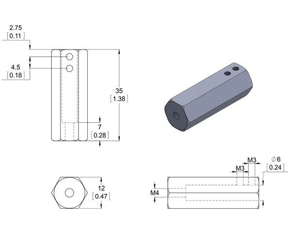 Šešiakampio adapterio techninis brėžinys