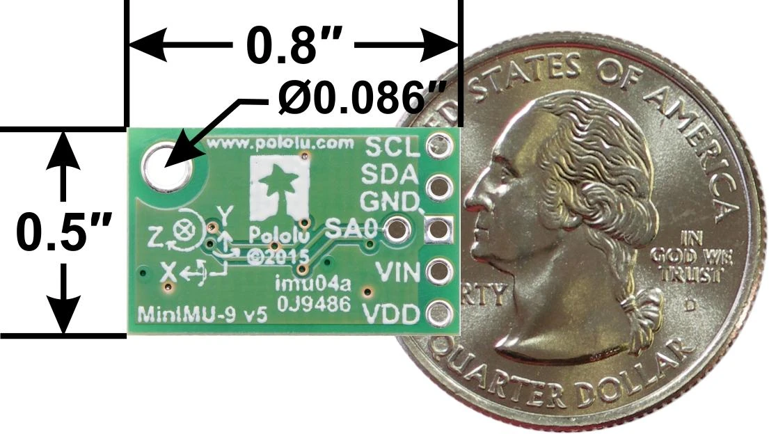 Pololu MinIMU-9 v5 modulis su matmenų schema