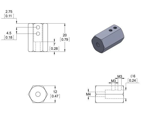 Pololu adapterio techninė schema su matmenimis