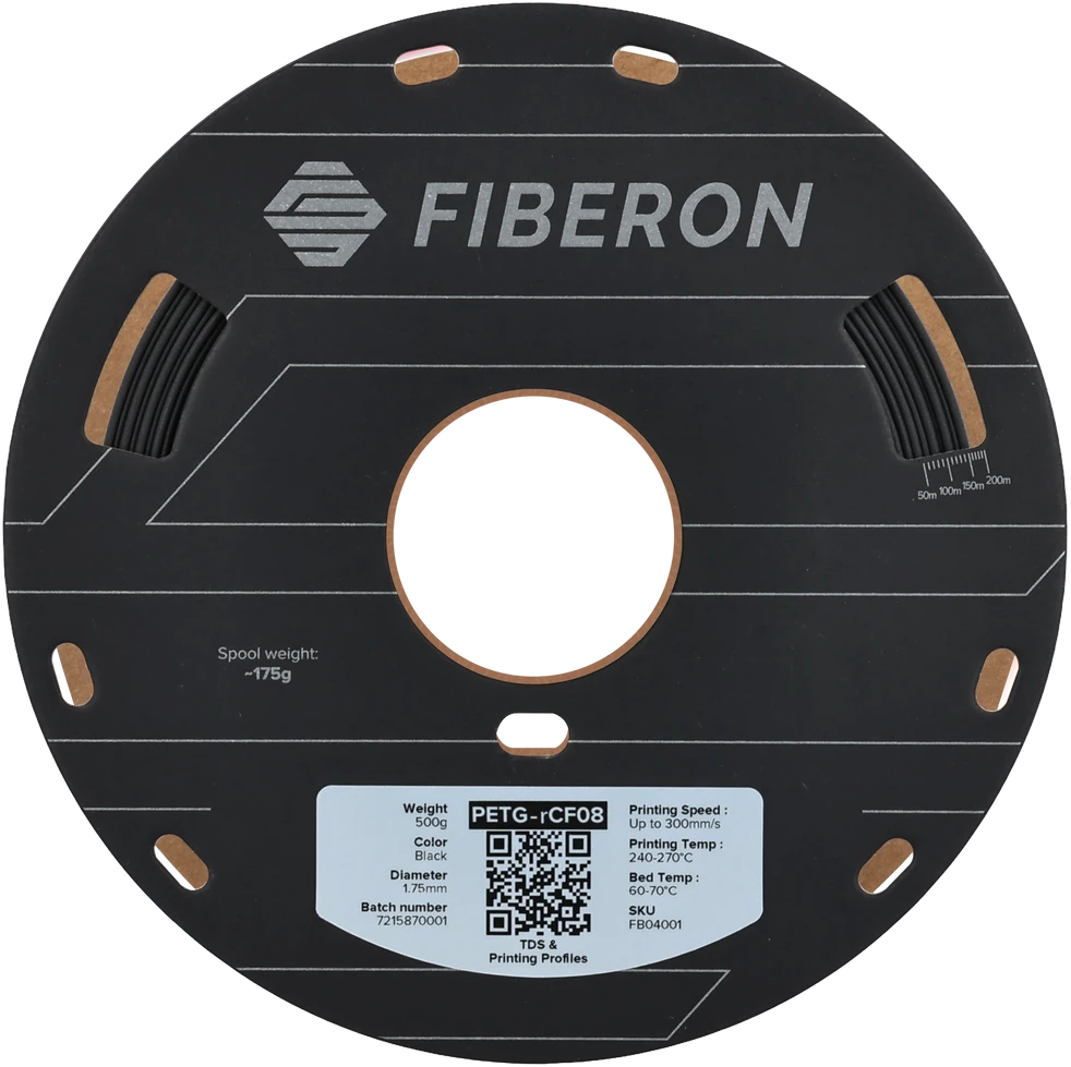 Polymaker Fiberon PETG-rCF08 juoda rite su technine informacija