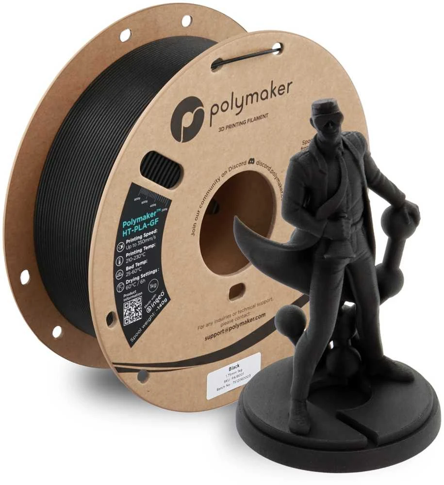 Polymaker HT-PLA-GF juodas 1.75mm siūlas su pavyzdžiu