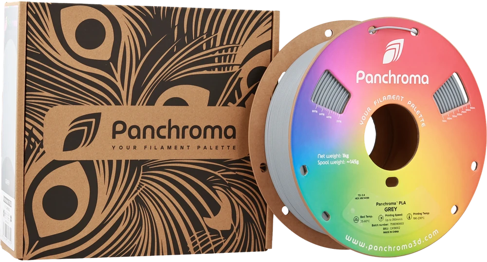 Polymaker Panchroma pilkas PLA siūlas su pakuote