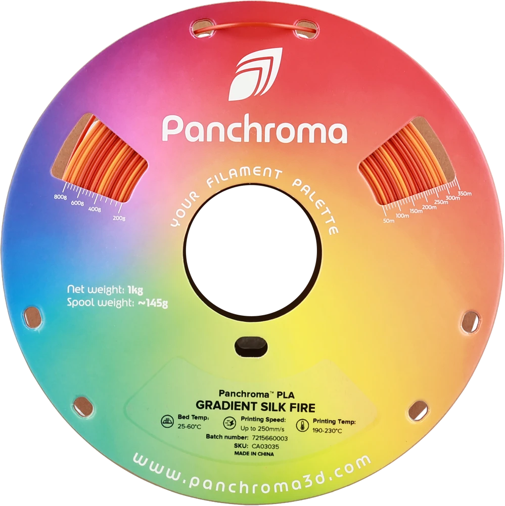 Polymaker Panchroma PLA Fire ritė su techniniais parametrais