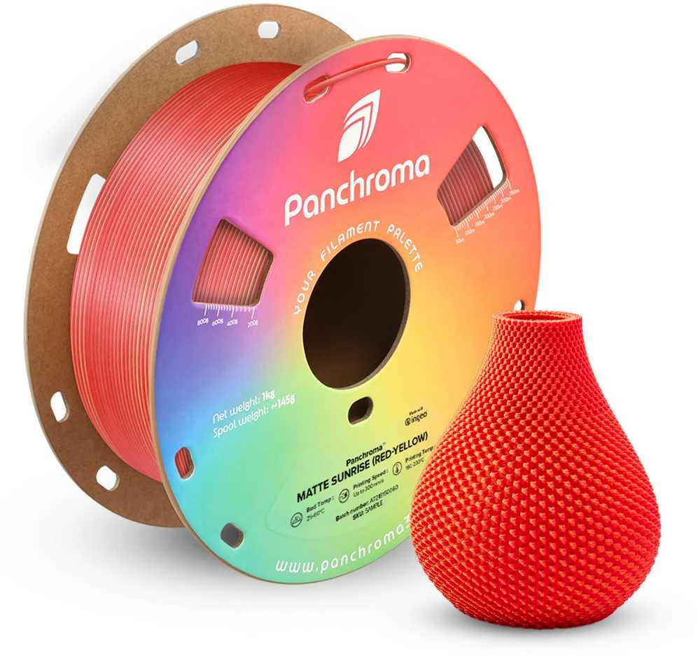 Polymaker Panchroma Matte Sunrise raudona siūlų ritė su vaza