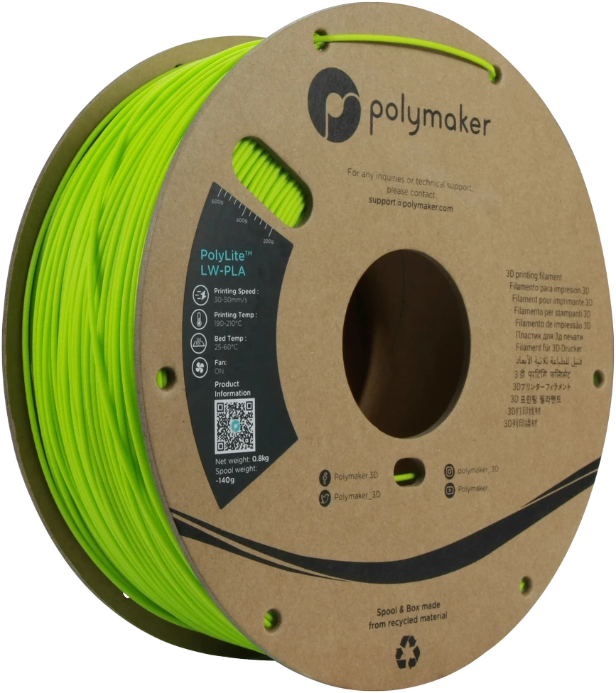 Polymaker LW-PLA ryškiai žalias 1.75mm siūlas ant ritės