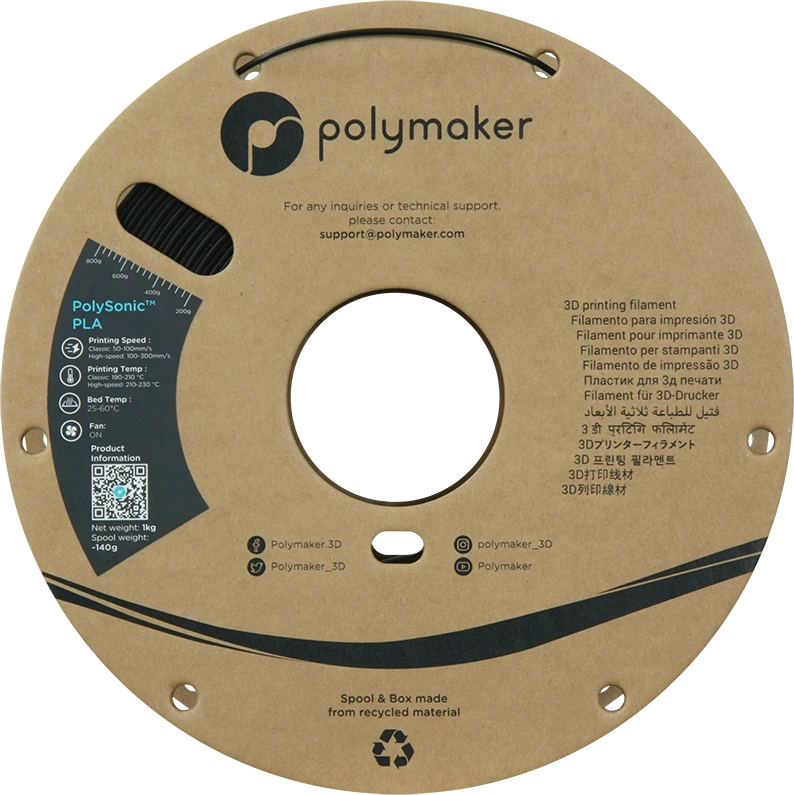 Polymaker PolySonic PLA 1kg ritė su techniniais parametrais