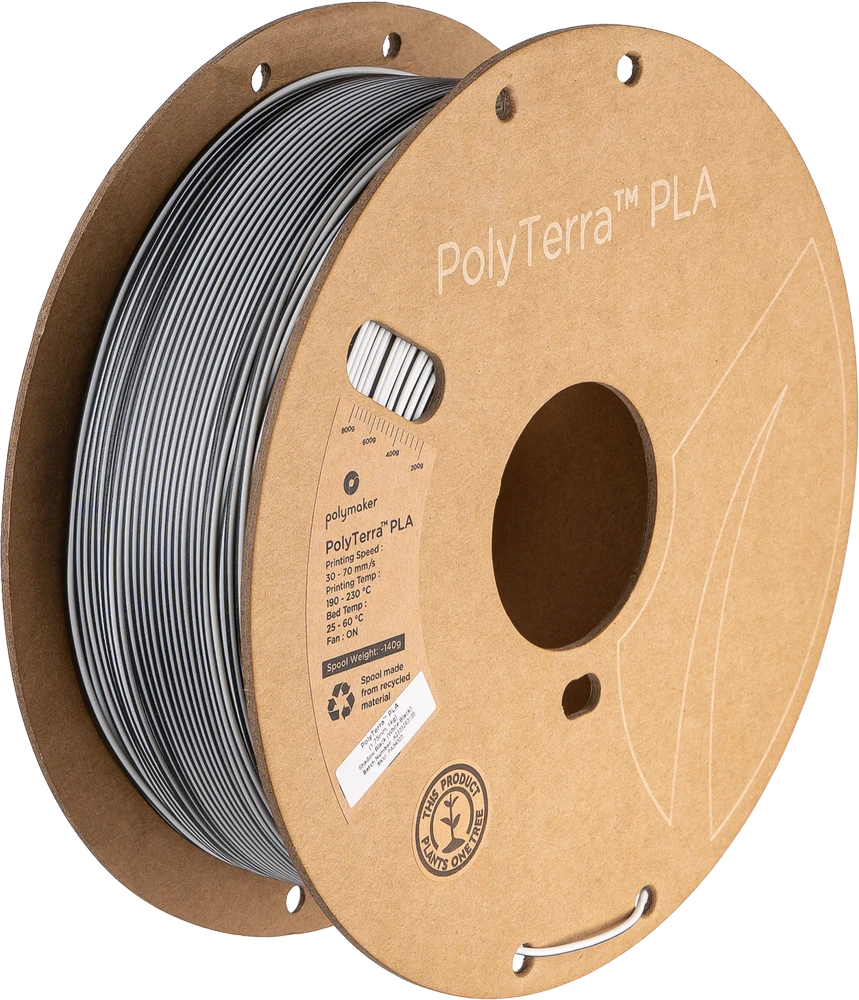 Polymaker Polyterra PLA pilka gija ant kartonines rites