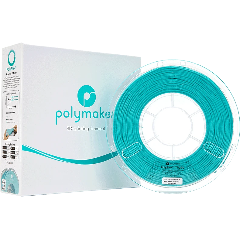 Polymaker PolyFlex TPU-90A teal spalvos 3D siūlas pakuotėje