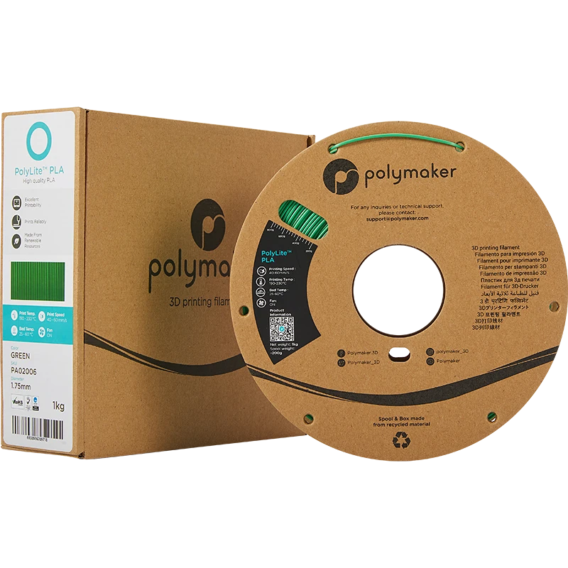 Polymaker PolyLite PLA žalias siūlas su pakuote