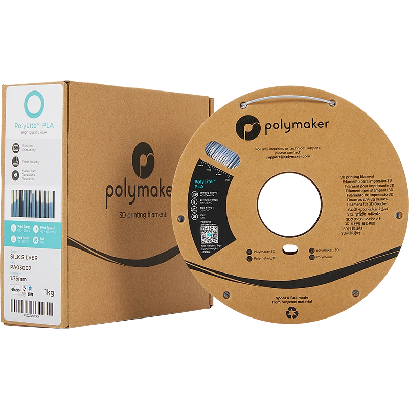 Polymaker PLA 1.75mm sidabrinė ritė su pakuote