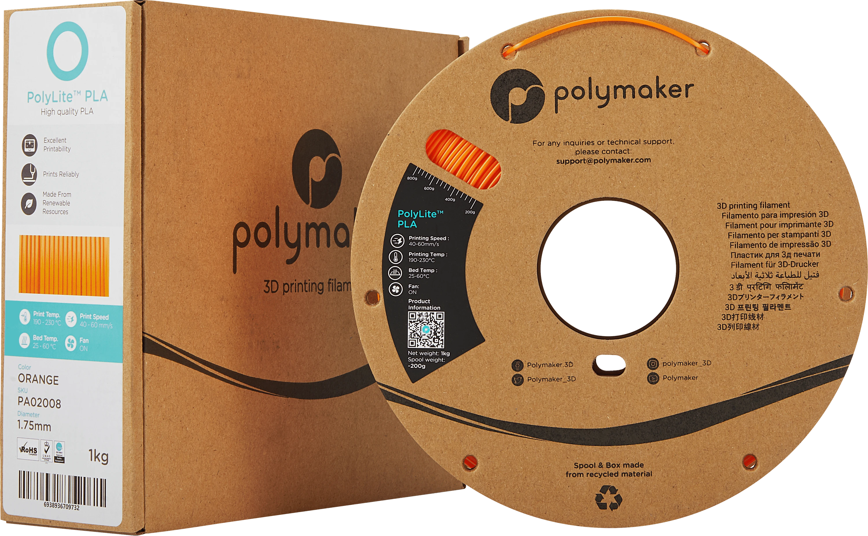 Polymaker PLA oranžinis siūlas ritėje su dėže