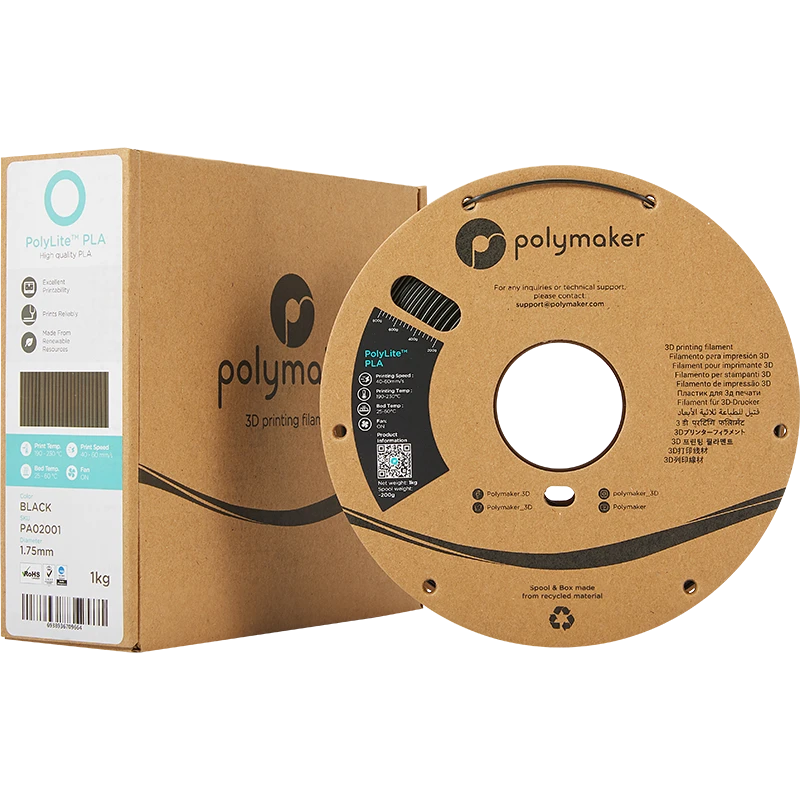Polymaker PolyLite PLA juodas siūlas su pakuote