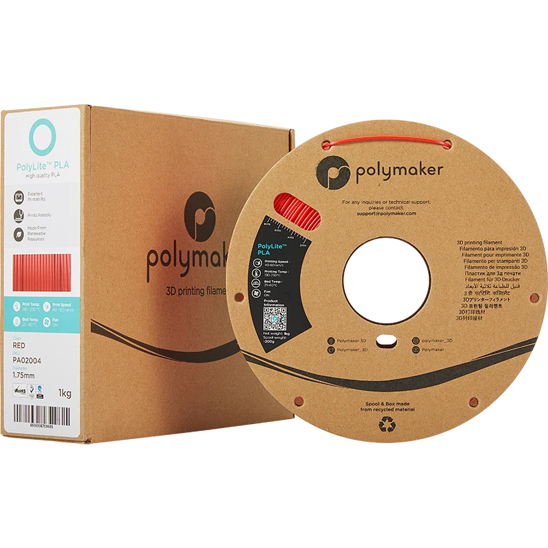 Raudona Polymaker PolyLite PLA siūlų ritė su dėžute