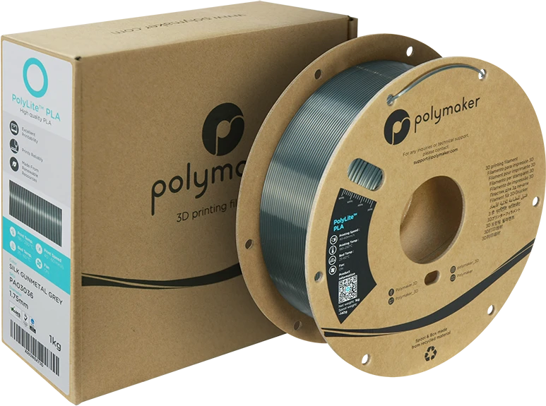 Polymaker PolyLite PLA plastikas 1kg 1.75mm - Silk Gunmetal Pilkas