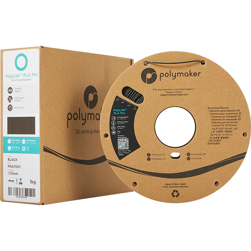 Polymaker PolyLite PLA PRO juodas 1kg siūlas su pakuote