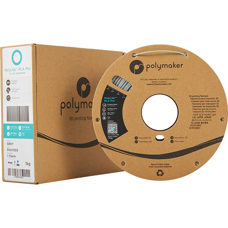 Polymaker PolyLite PLA Pro pilkas siūlas su ritės pakuote
