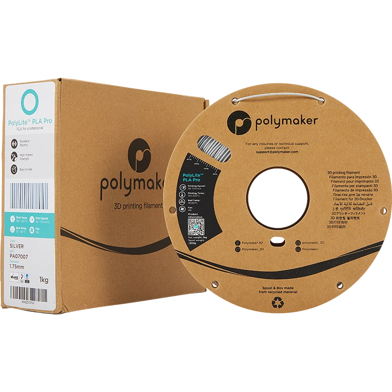 Polymaker PolyLite PLA Pro sidabrinis plastikas su pakuote