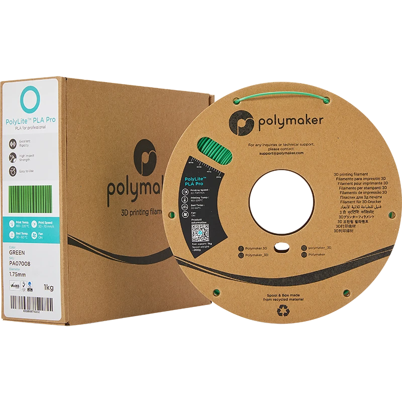 Žalias Polymaker PolyLite PLA PRO siūlas su pakuote