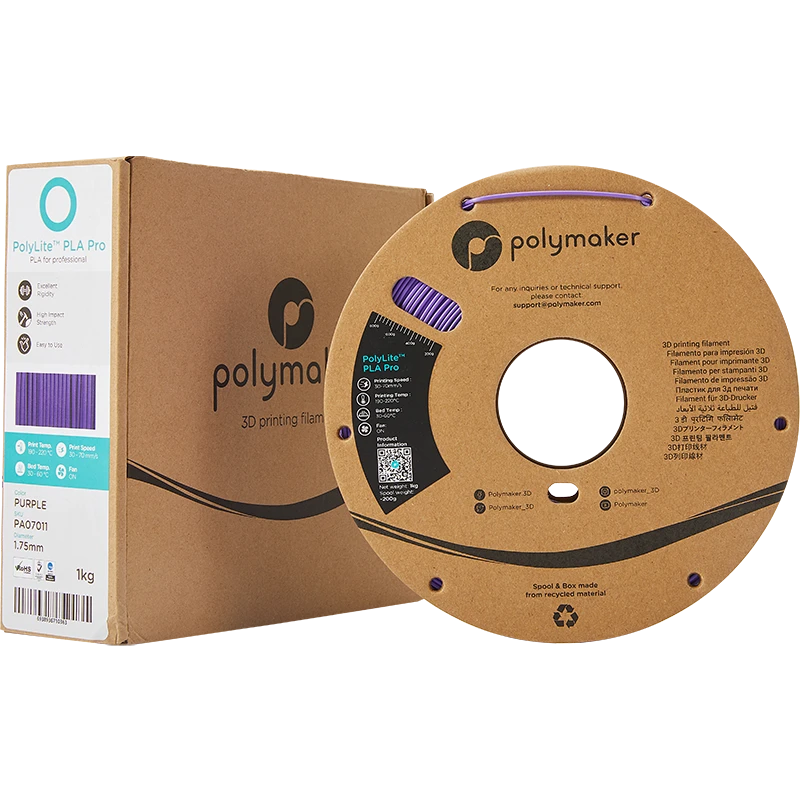 Violetinis Polymaker PolyLite PLA PRO siūlas su pakuote