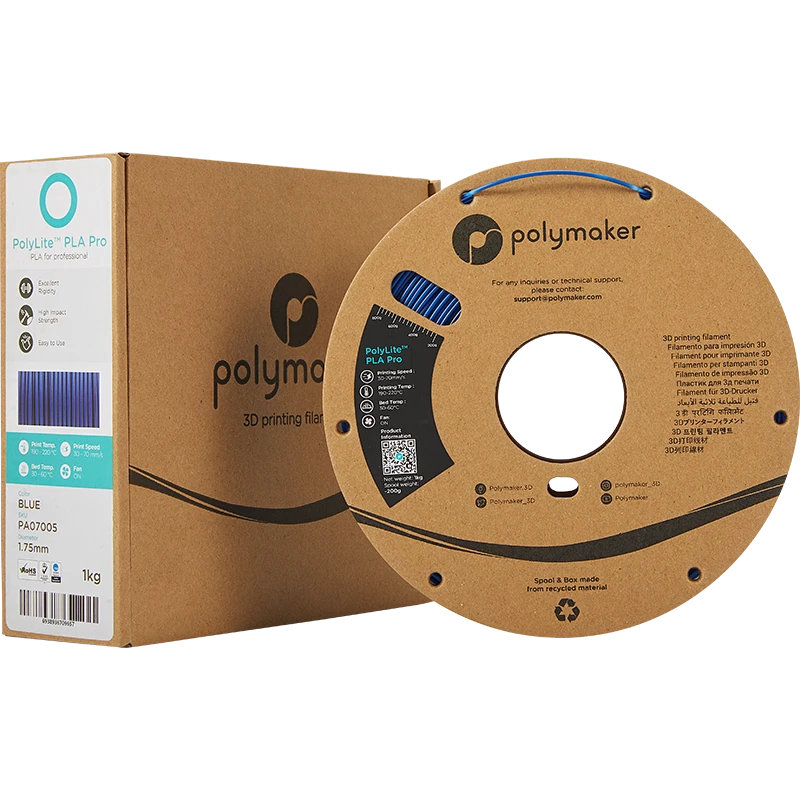 Polymaker PolyLite PLA Pro mėlynas siūlas su pakuote