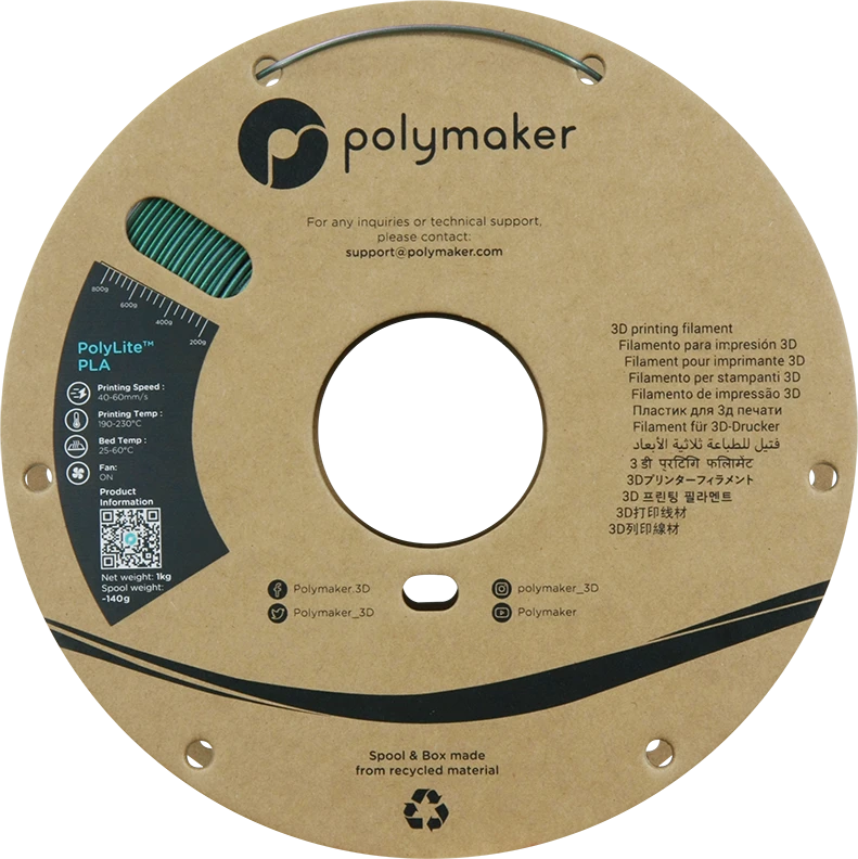Polymaker PolyLite PLA Kometa ritė su technine informacija