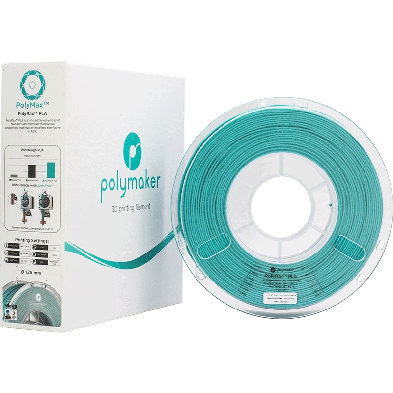 Polymaker PolyMax Tough PLA teal spalvos pakuotė ir rietė