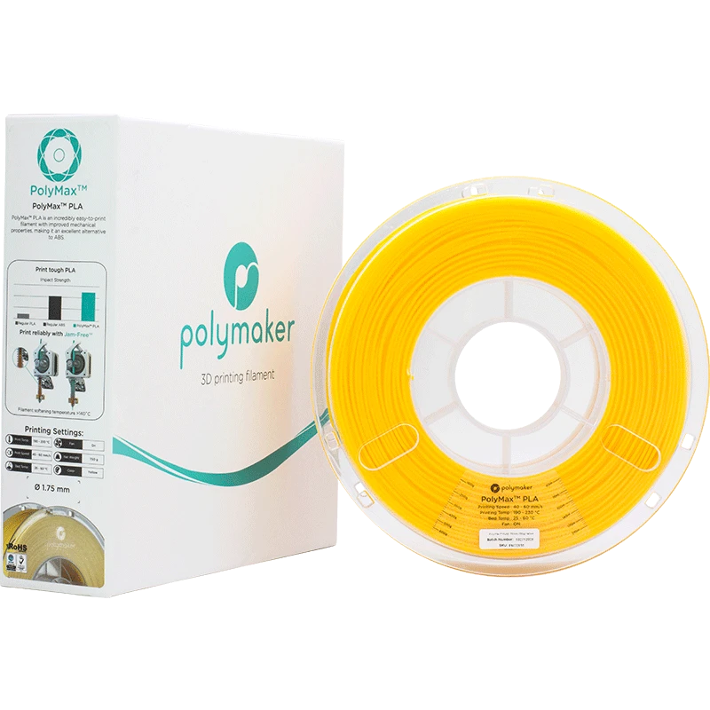 Geltona Polymaker PolyMax Tough PLA gija pakuotėje