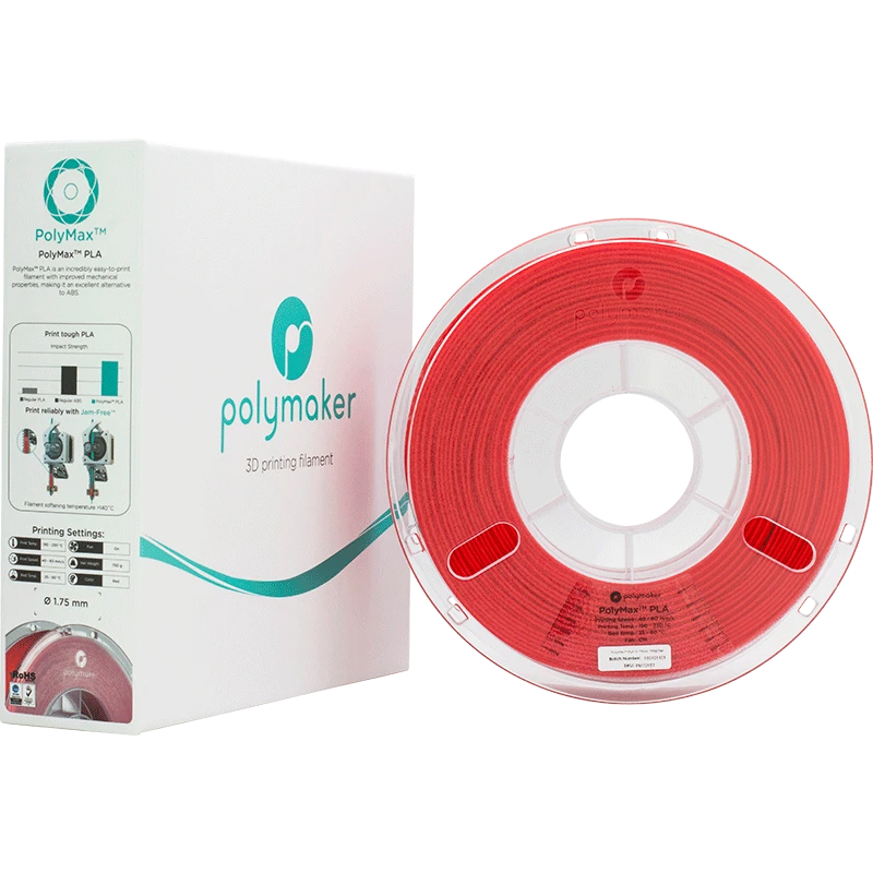 Raudonas Polymaker PolyMax Tough PLA plastikas su pakuote